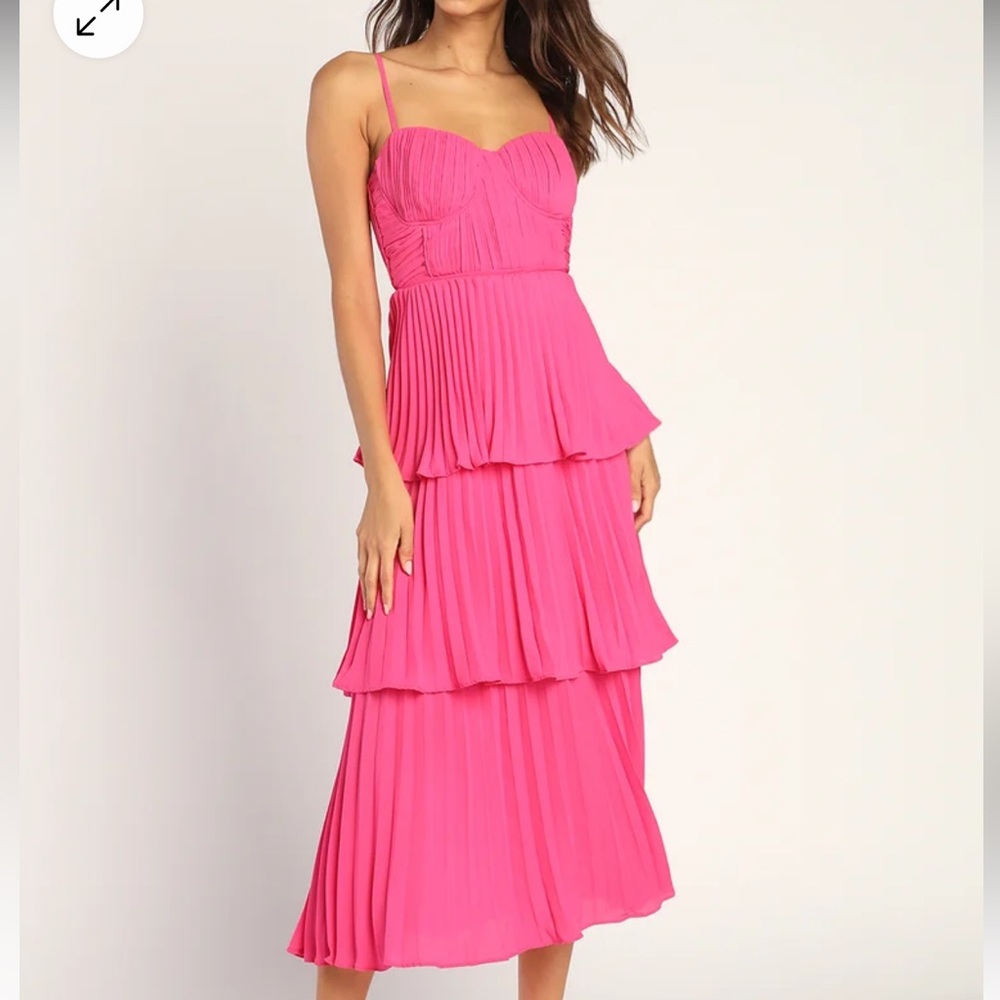 Lulus Cascading Crush Hot Pink Tiered Bustier Midi Dress